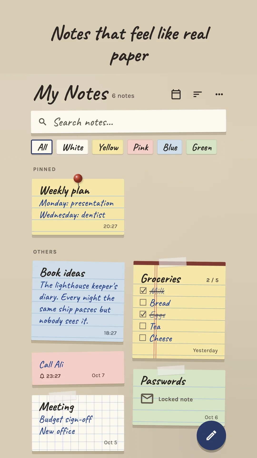 The Simple Note desk: a My Notes list with a search strip, colour filters, a pinned weekly plan and a grocery checklist on paper cards