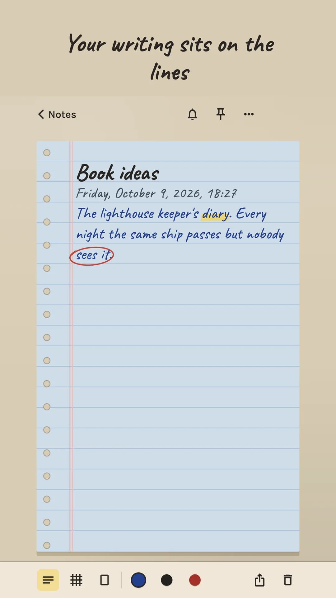 A blue ruled note titled Book ideas with blue-ink handwriting, one word highlighted and a phrase circled in red pen