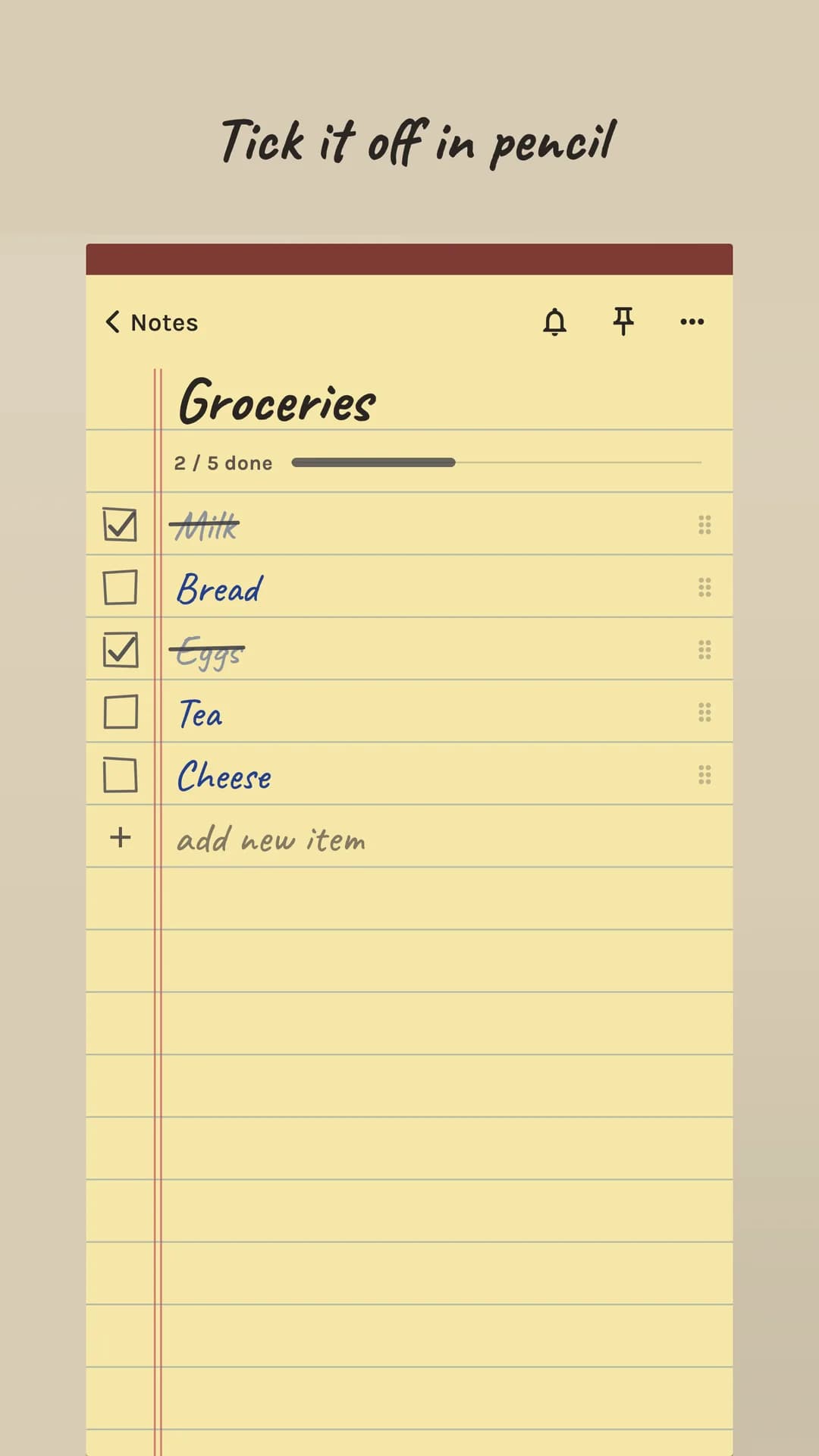 A yellow legal-pad checklist titled Groceries: two of five items ticked in pencil and struck through, with a progress bar
