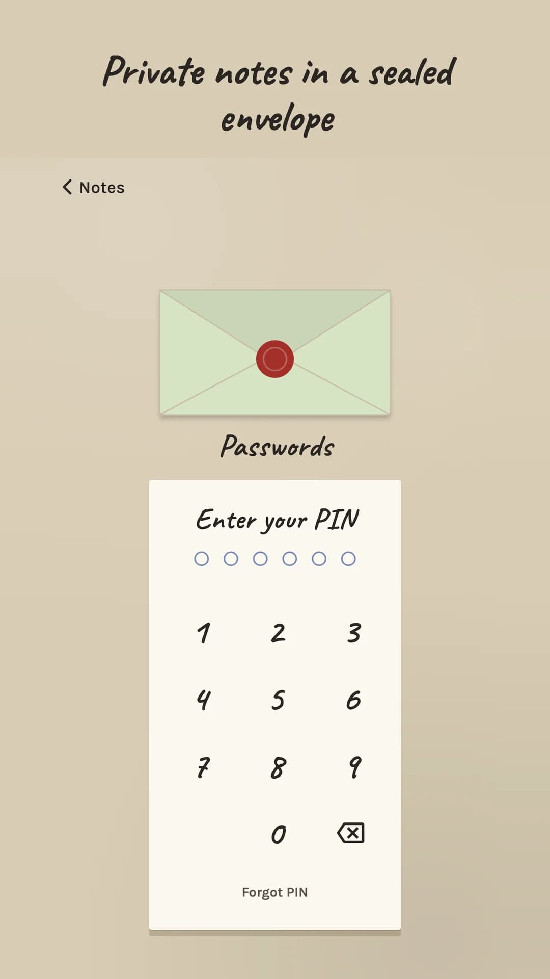 A locked note shown as a sealed green envelope with a red wax seal, above a handwritten PIN keypad