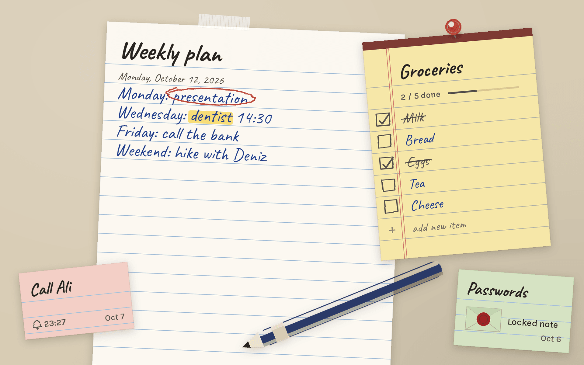 A white ruled sheet with a handwritten weekly plan, a yellow grocery checklist, a pink reminder slip, a locked green note and a navy pencil on a beige desk