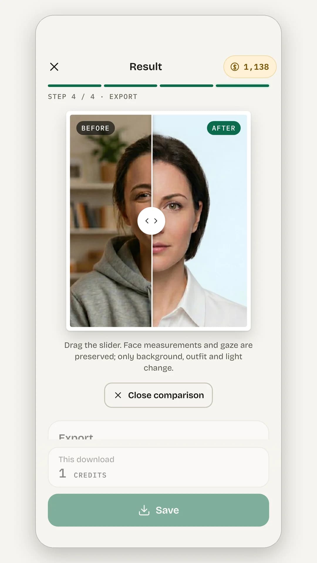 The result with a before-and-after slider: the original selfie on the left, the finished passport photo with a white-blue background on the right, and a Close comparison button