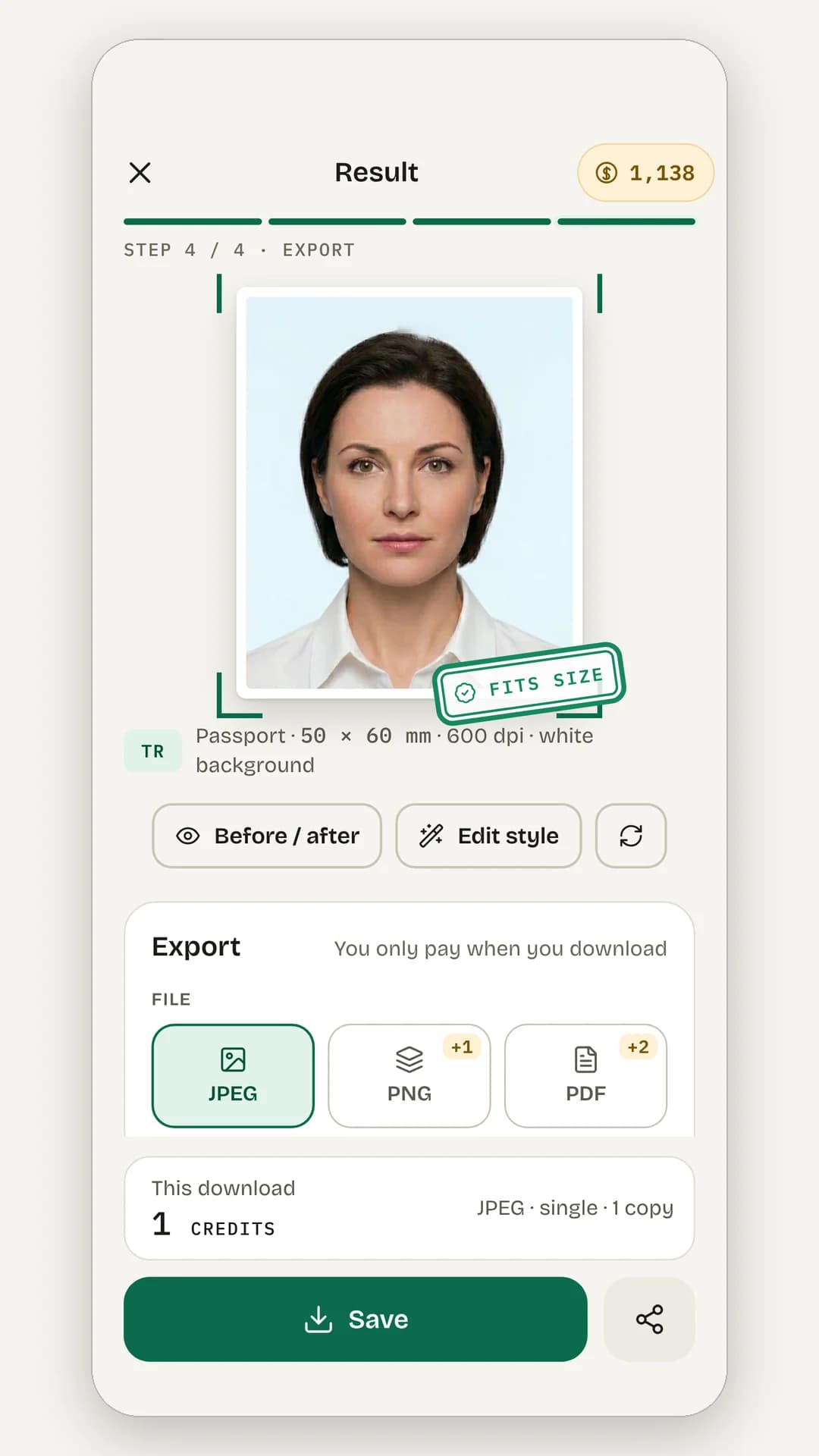 The result and export step: the finished photo with a Fits size stamp, JPEG, PNG and PDF choices, a cost of 1 credit and a Save button