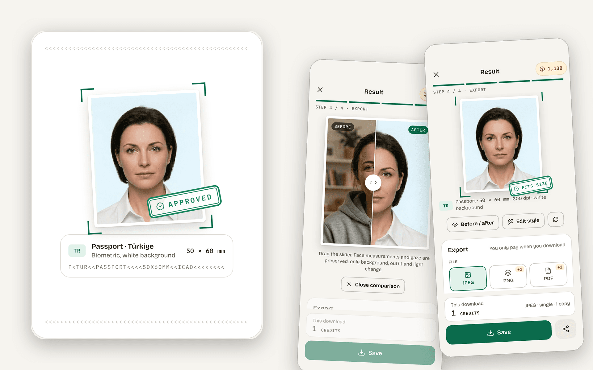 The Dossier design language: a passport photo in green viewfinder brackets with an Approved stamp on a passport-style card, beside the before-and-after slider and the export step on two phones